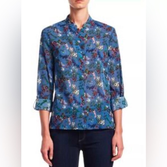 Alice + Olivia Eloise Blue Floral Stretch Silk Button Down Blouse Size XS - Picture 1 of 6
